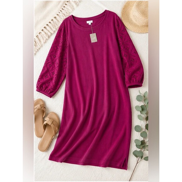 J. Jill Tops - NWT J.Jill Knit Eyelet Dress 2X Berry Pink 3/4 Sleeve Casual